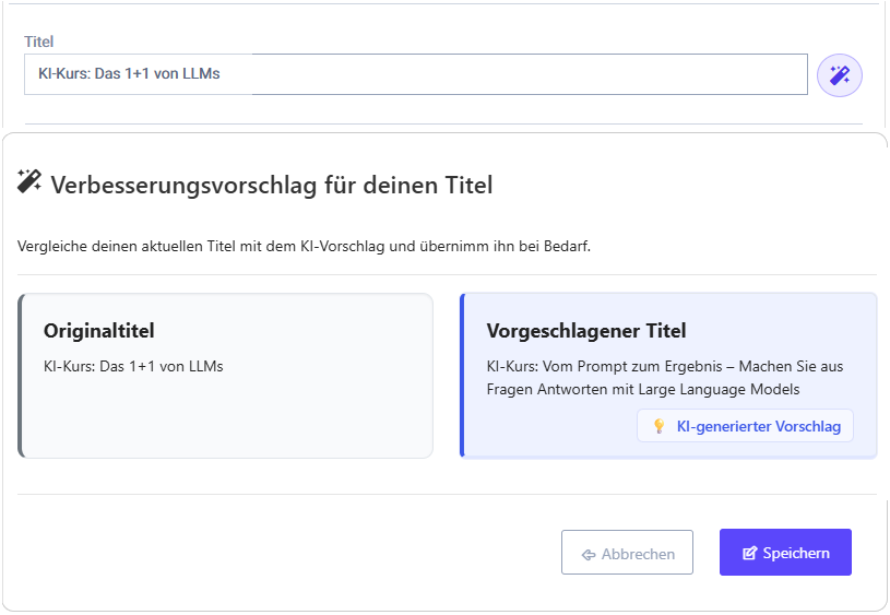 KI-Vorschlag zur Verbesserung eines Kursnamens im Kurs-Manager