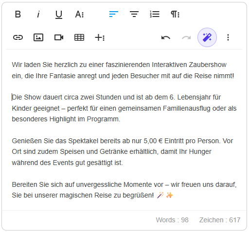 KI erstellt aus Stichpunkten einen ausformulierten Eventtext im Event-Manager