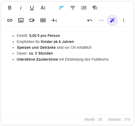 Stichpunkteingabe im Content-Bereich des Event-Managers