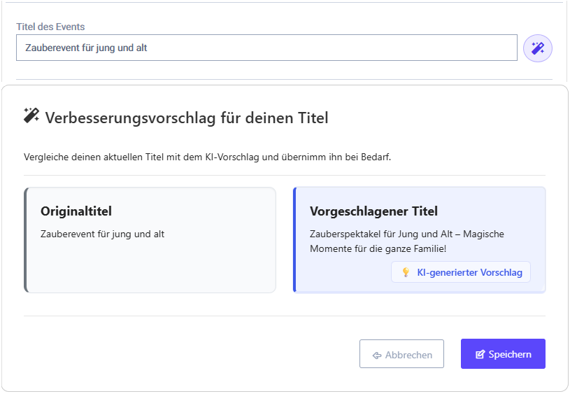 KI-Vorschlag zur Verbesserung eines Event-Titels im Event-Manager